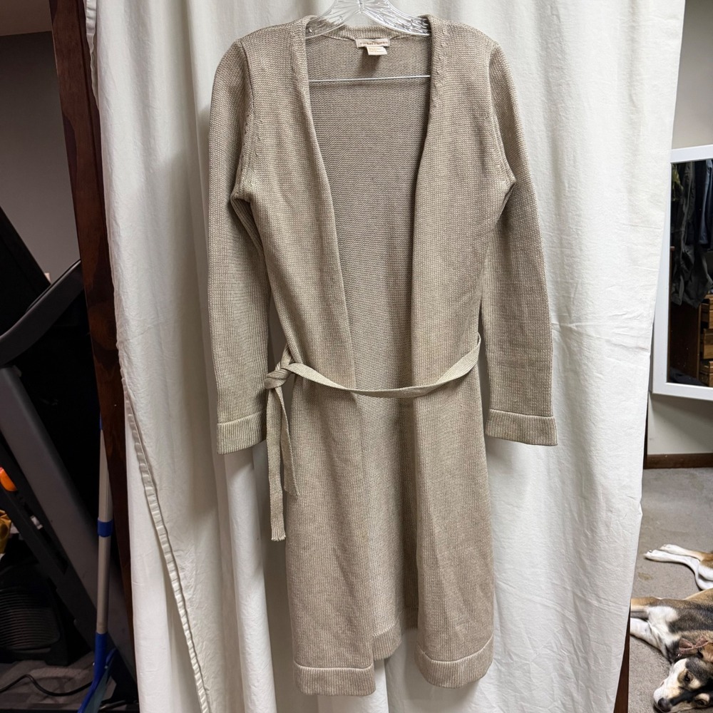 Sweet Romeo Silk Cashmere Longline Belted Cardigan Duster Beige Tan Medium